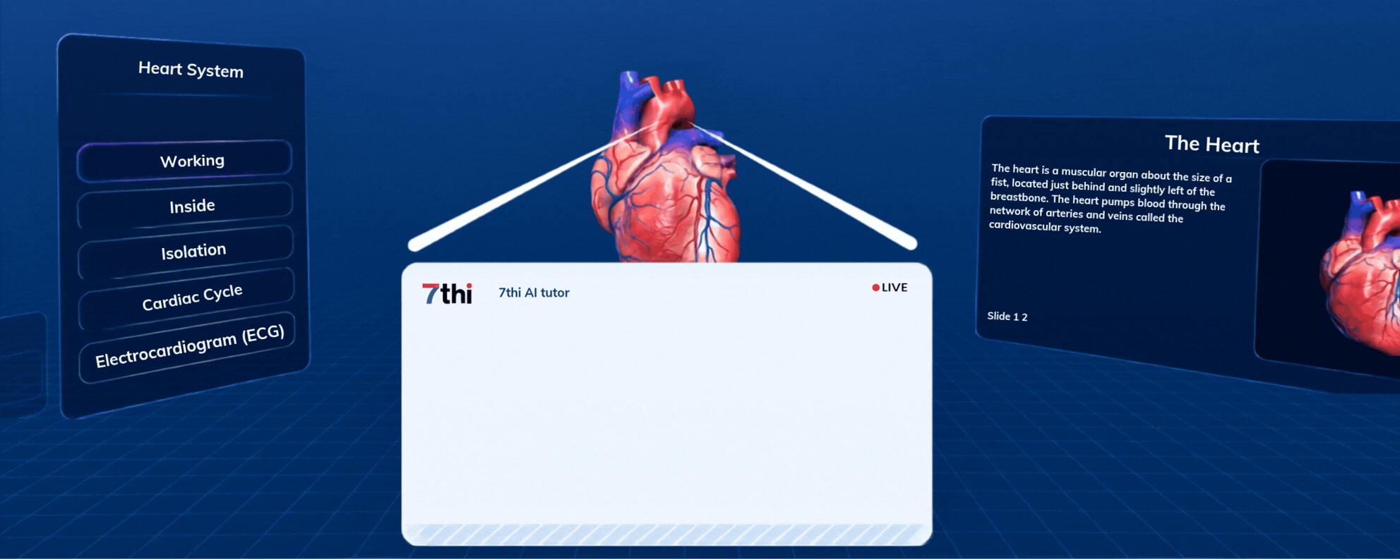 7thi AI tutor answering a student's question inside a VR heart-anatomy module