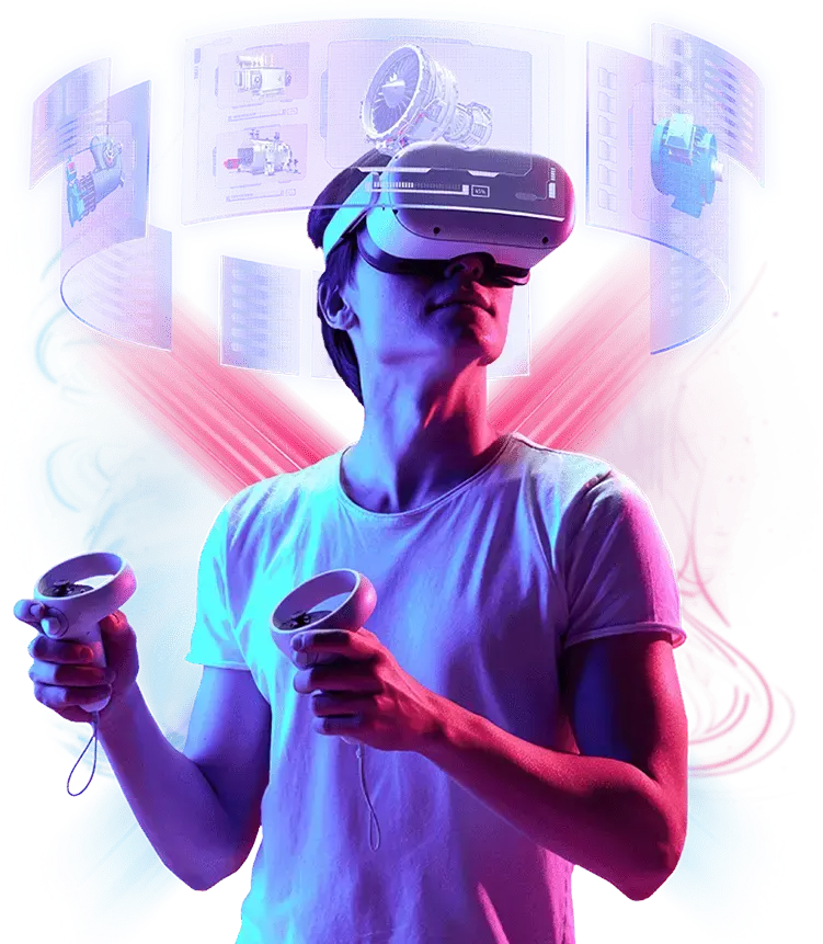 Student wearing a VR headset and holding controllers, exploring 3D engineering models that float around them