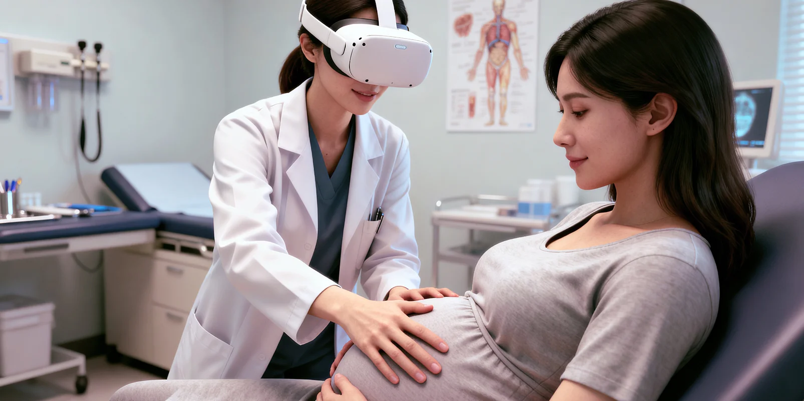 Medical student in VR examining a patient with an anatomical hologram overlay