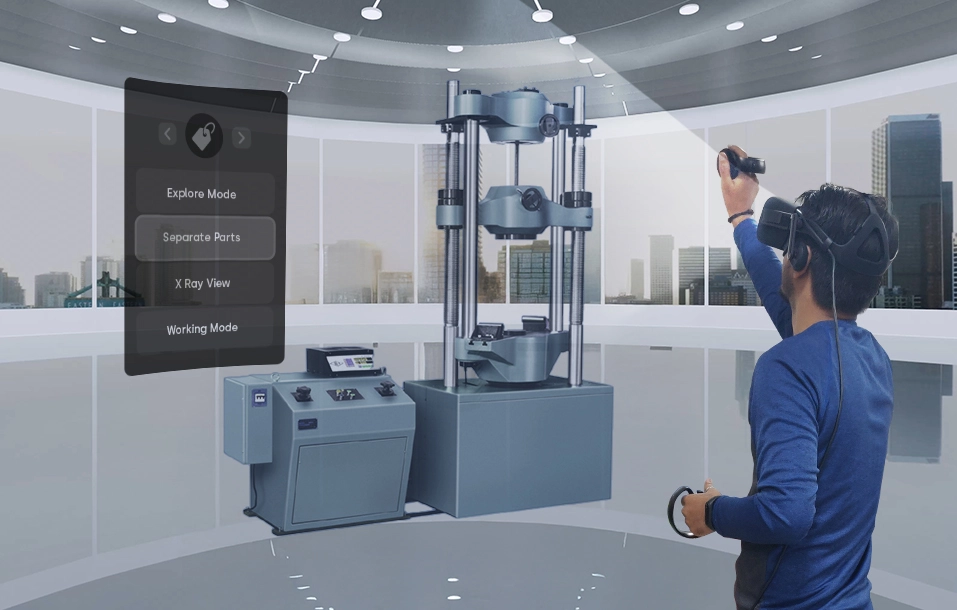 Engineering student in VR operating a testing-machine simulation