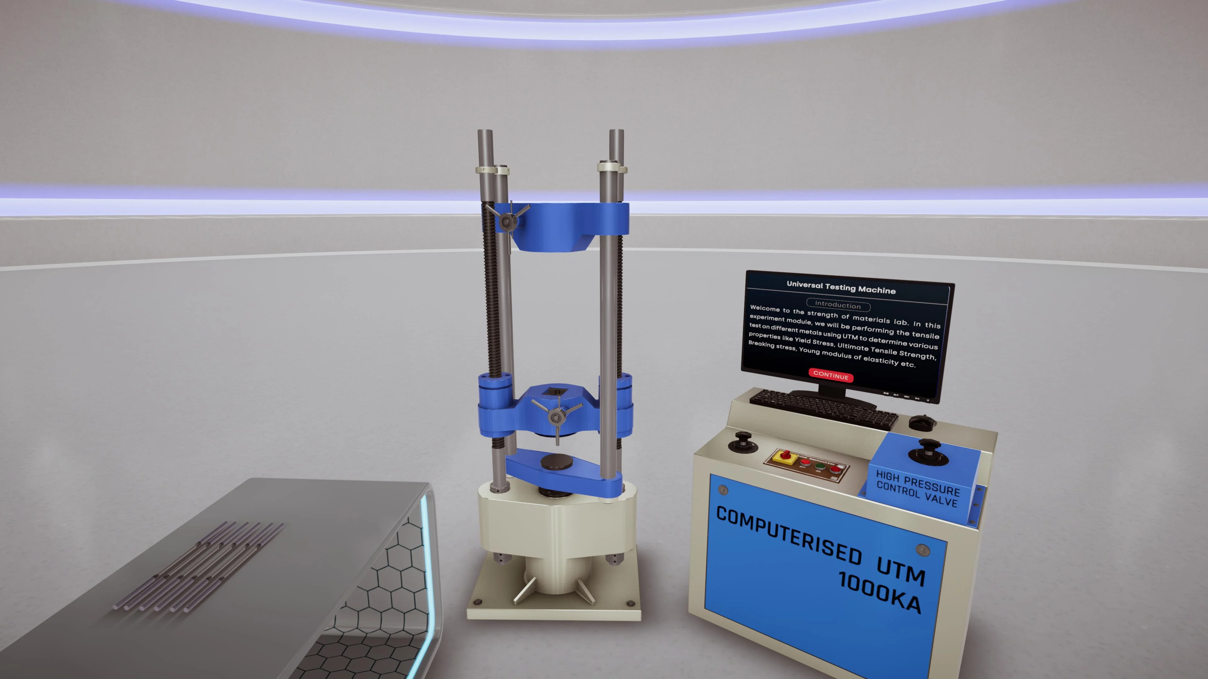 Computerised UTM in VR with a live stress-strain curve and material properties panel