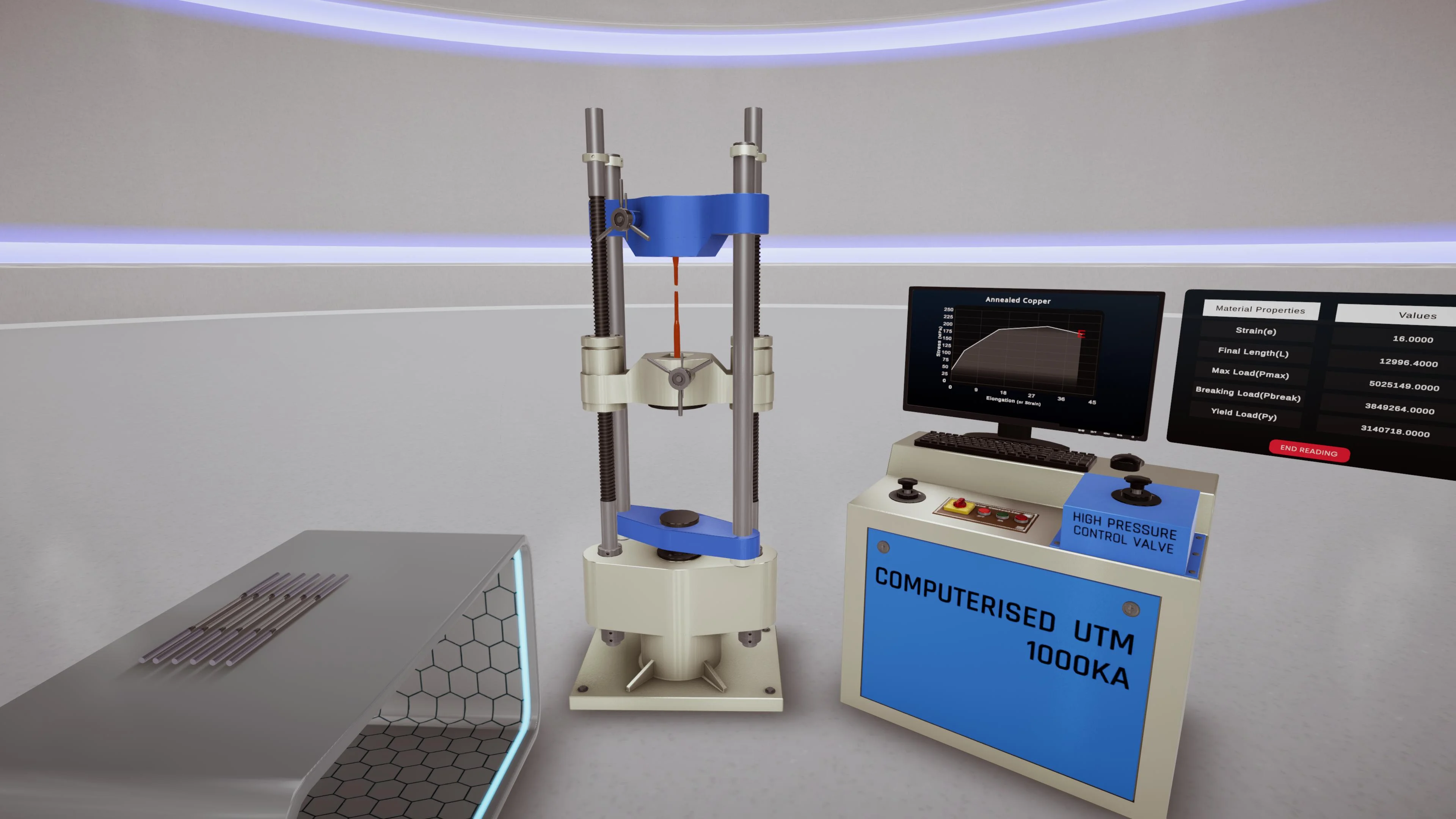Close-up of a test specimen mounted between the grips of the virtual UTM