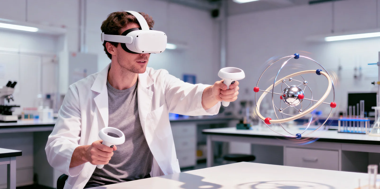Science student in a VR headset exploring a 3D atomic model in a virtual lab