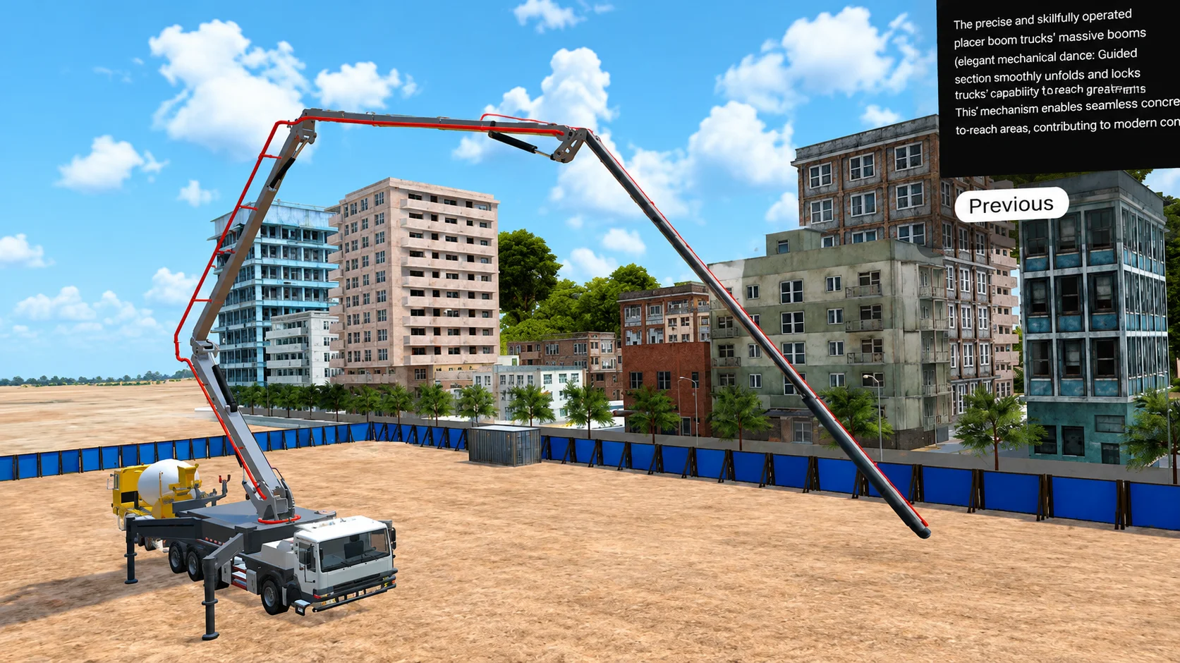 Concrete placer boom truck with its boom fully unfolded over a construction site, mixer truck alongside