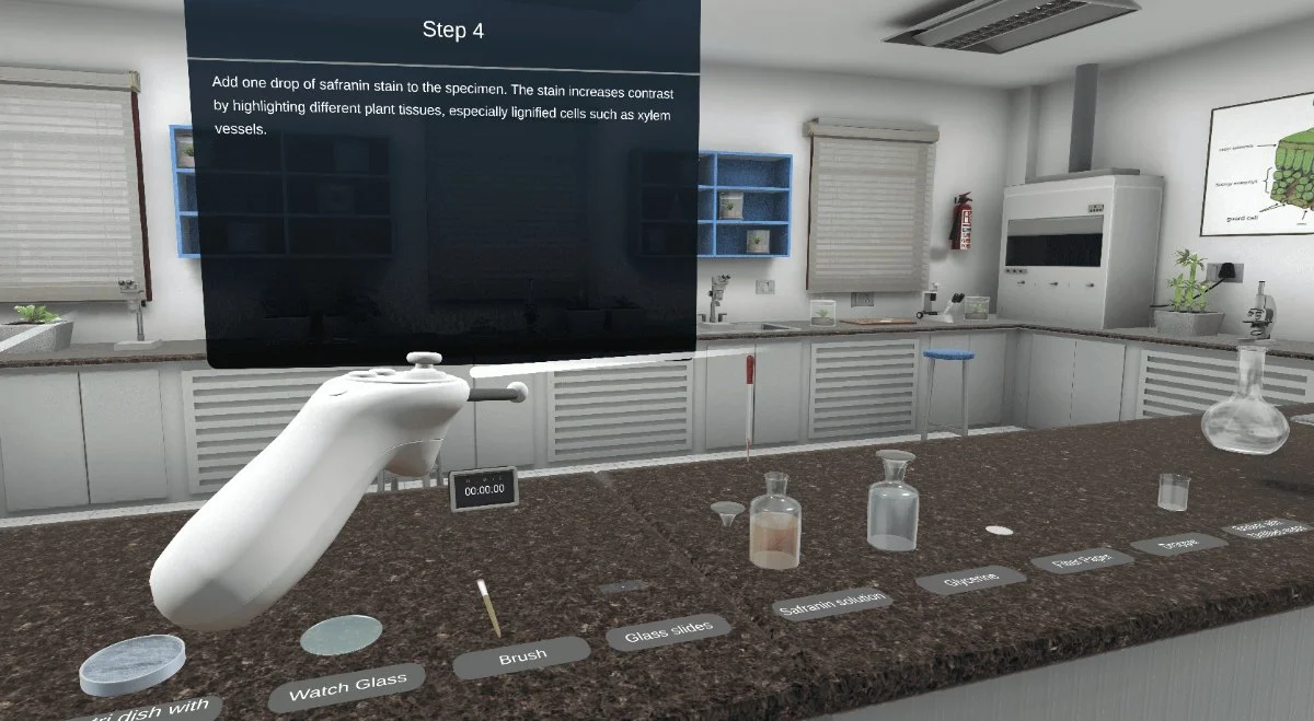 VR botany lab preparing a safranin-stained plant section, with a dicot leaf-tissue chart on the wall