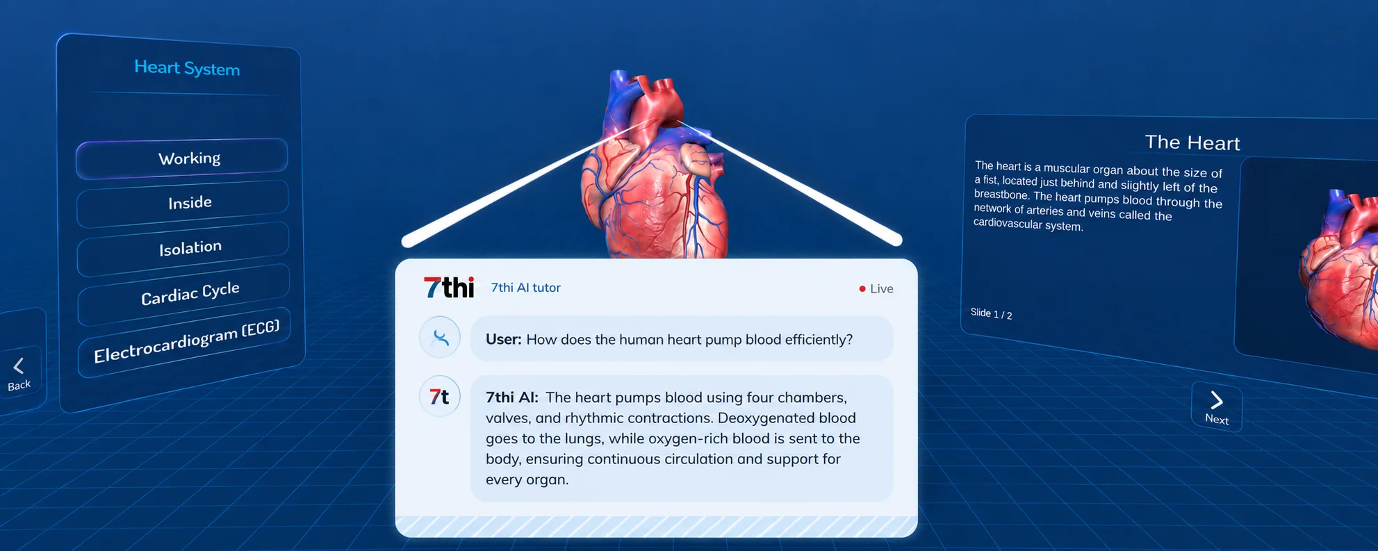 VR heart anatomy module with the 7thi AI tutor answering a question