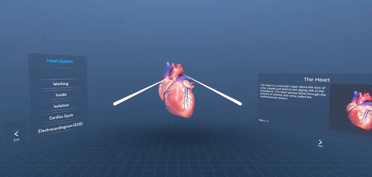Heart System module hub in VR with a 3D heart and chapter menu - Working, Inside, Isolation, Cardiac Cycle, and ECG