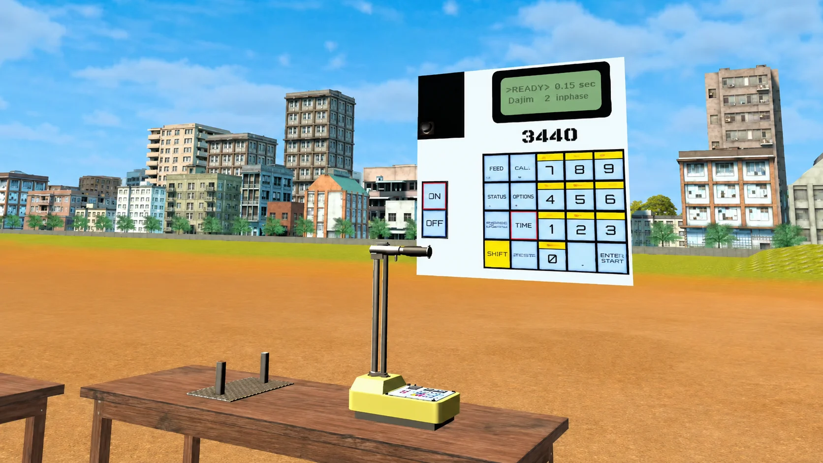 Close-up of the nuclear density gauge keypad and display showing READY status and a 0.15 second count time