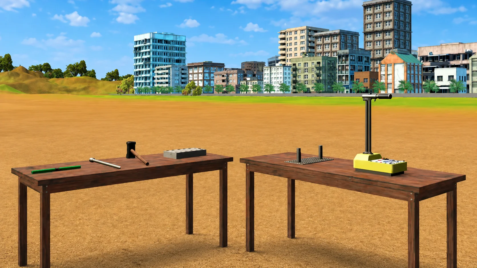 Nuclear density gauge on a prepared test plate on compacted soil, with the source rod and drive hammer in a virtual field