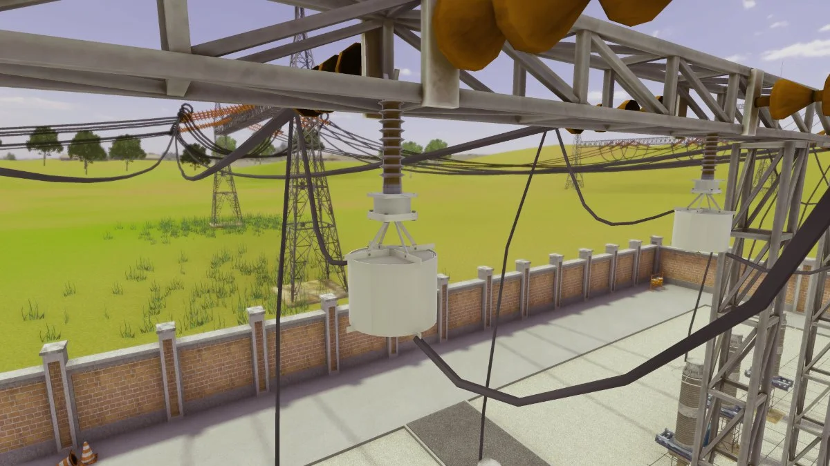 VR substation structure with conservator and bushings against an open field