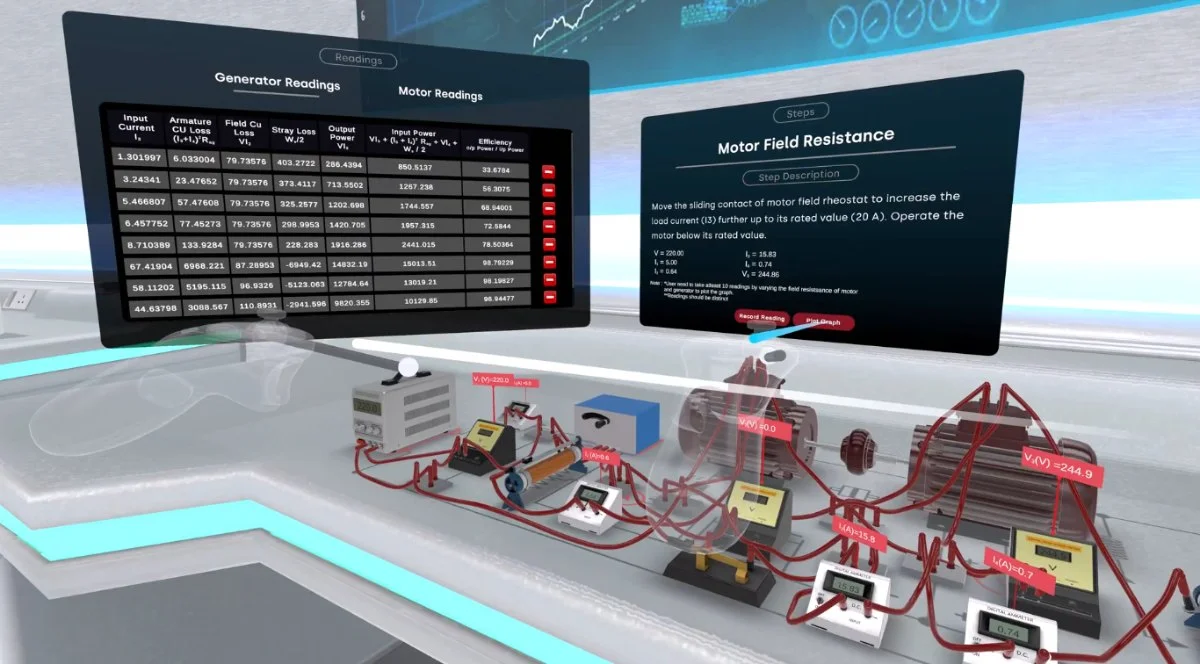 Generator and motor readings tables with efficiency calculations on the VR panel