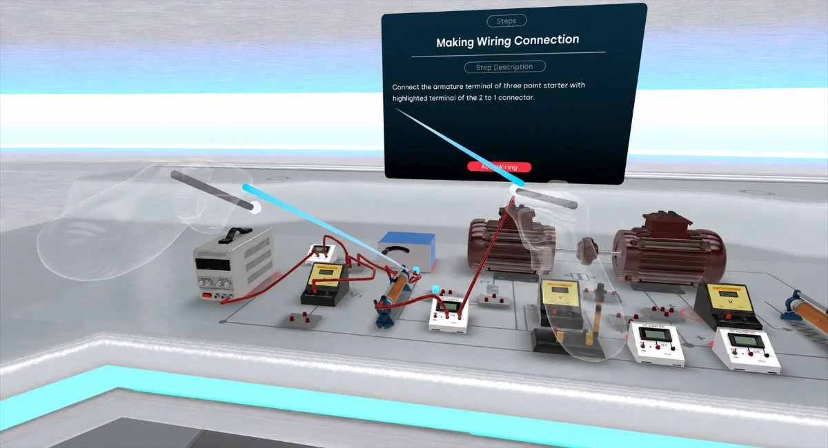 VR electrical machines lab wiring the DC shunt motor test setup with a three-point starter