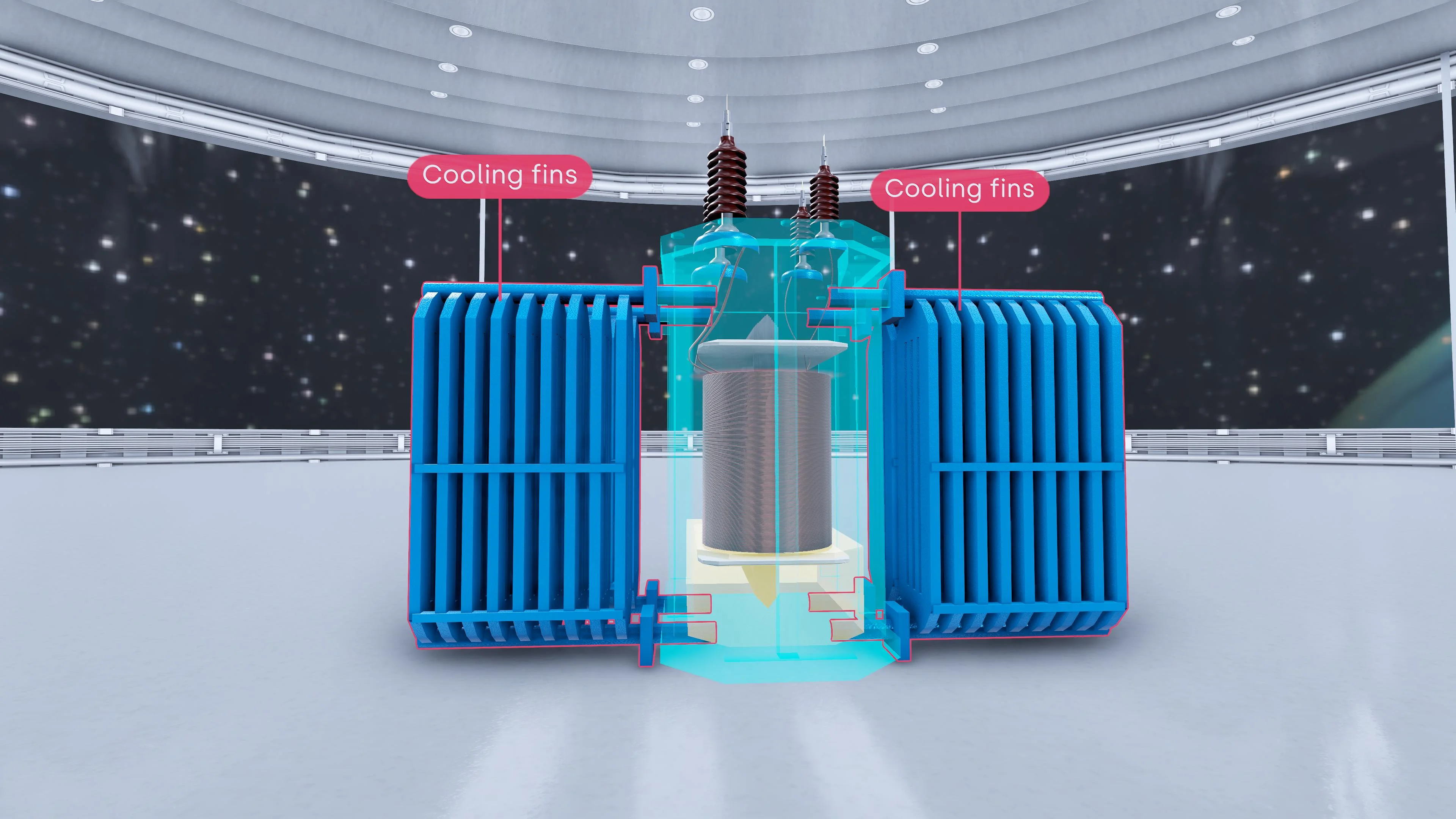 Cutaway of a three-phase transformer showing the core, windings, and blue cooling fins with oil flow arrows