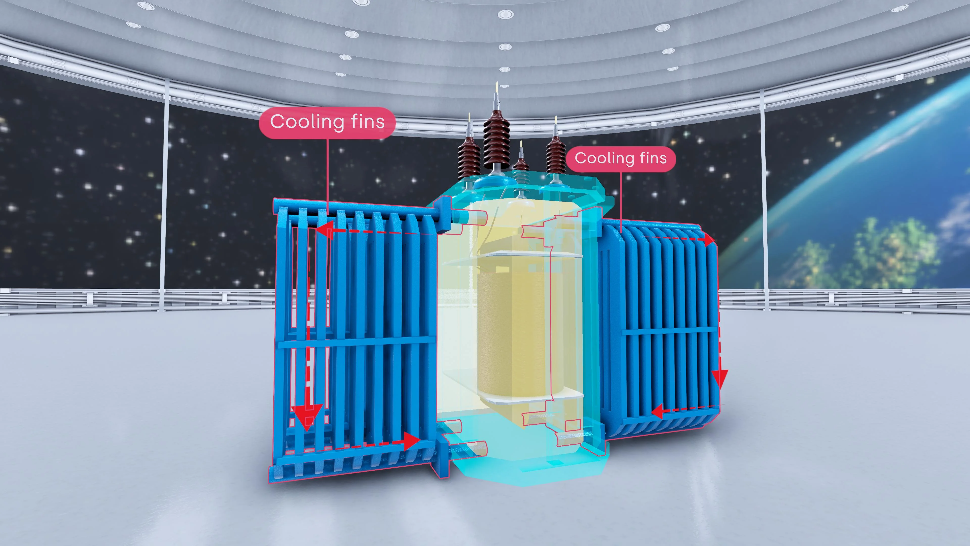 Three-phase transformer with cooling fins and high-voltage bushings on the assembly floor