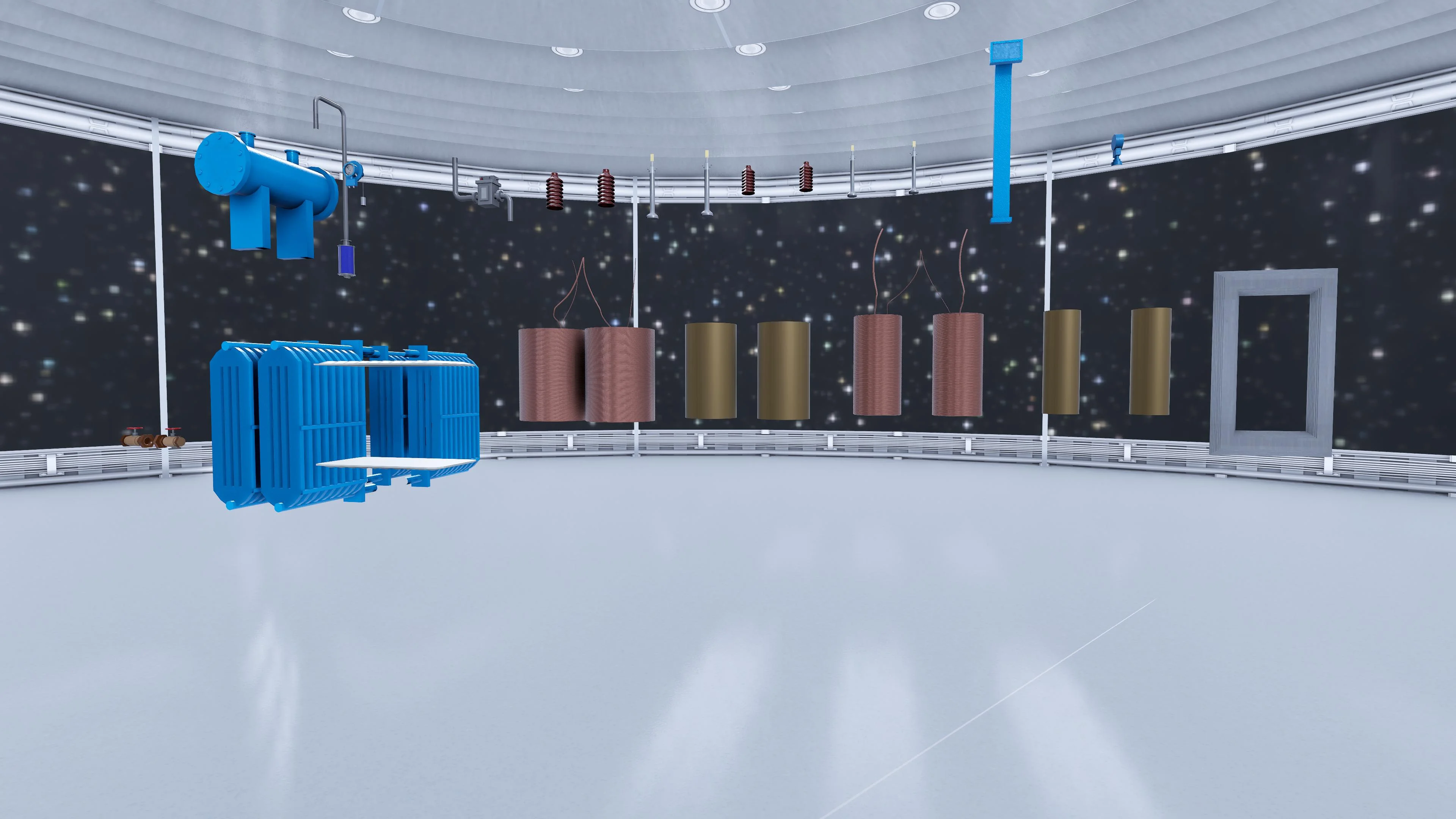 Exploded view of transformer windings and core components laid out for study