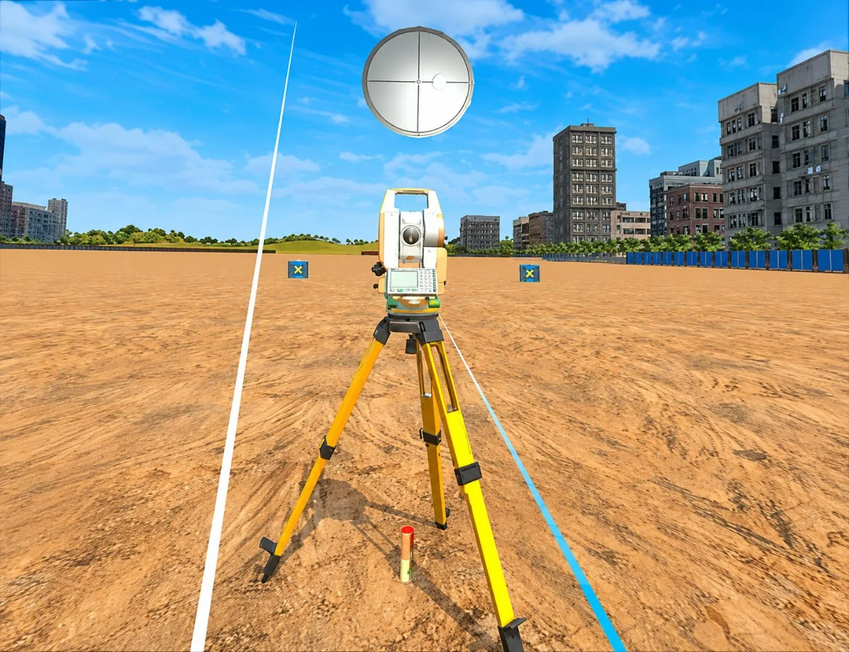 Close-up of the total station keypad and on-screen survey menu in VR