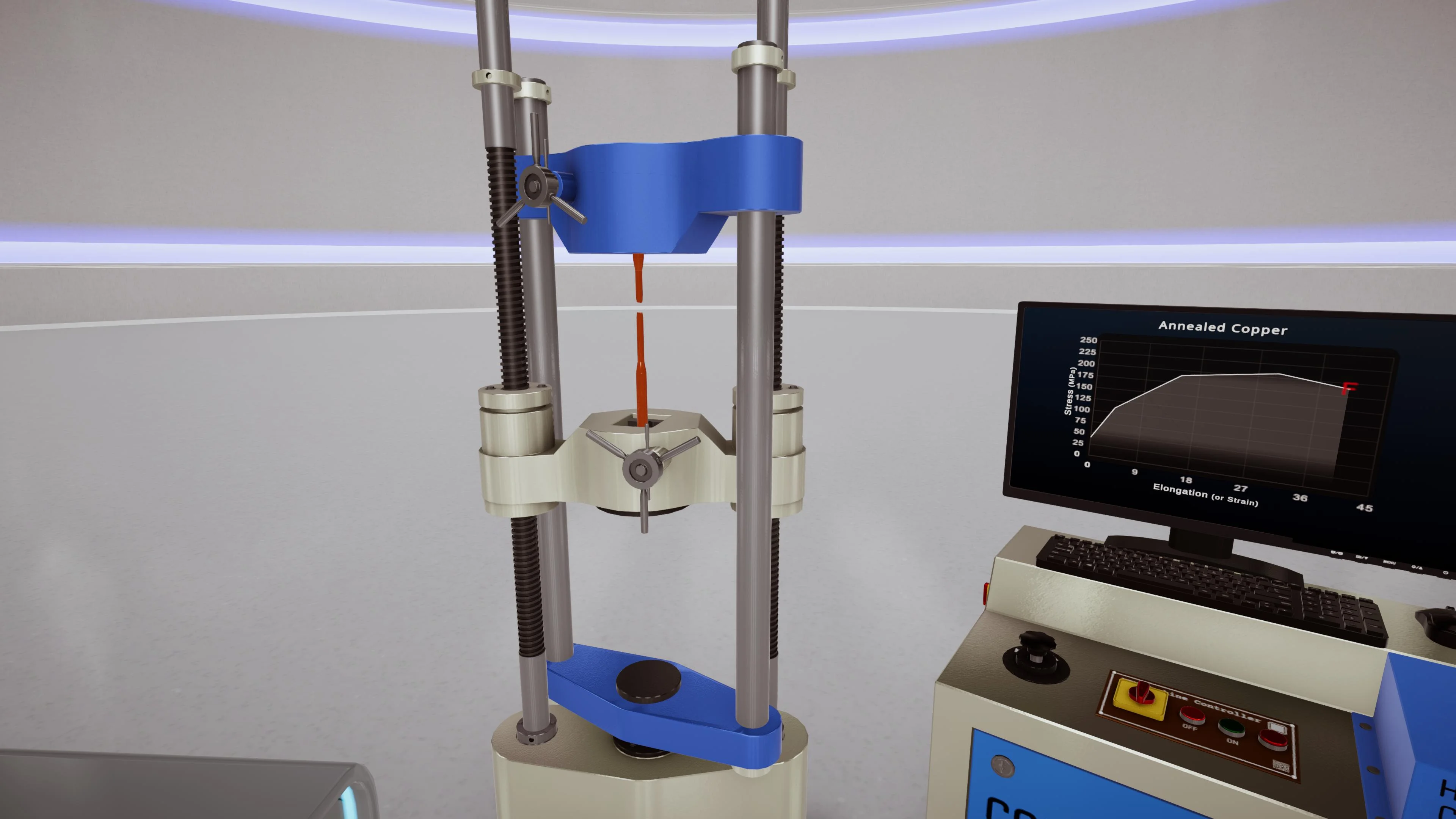 VR tensile testing machine with live stress–strain graph