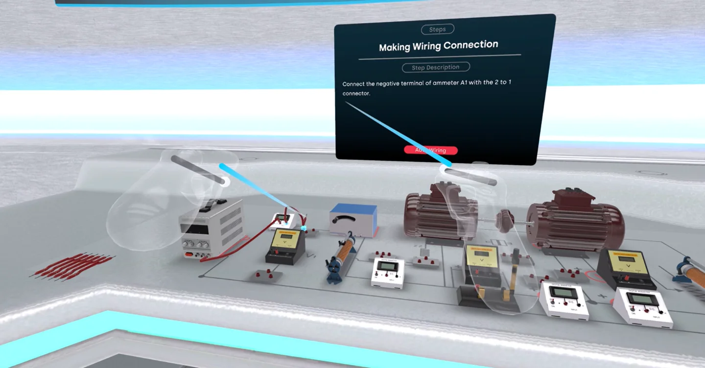 Virtual physics module wiring an electrical test bench with ammeters and motors
